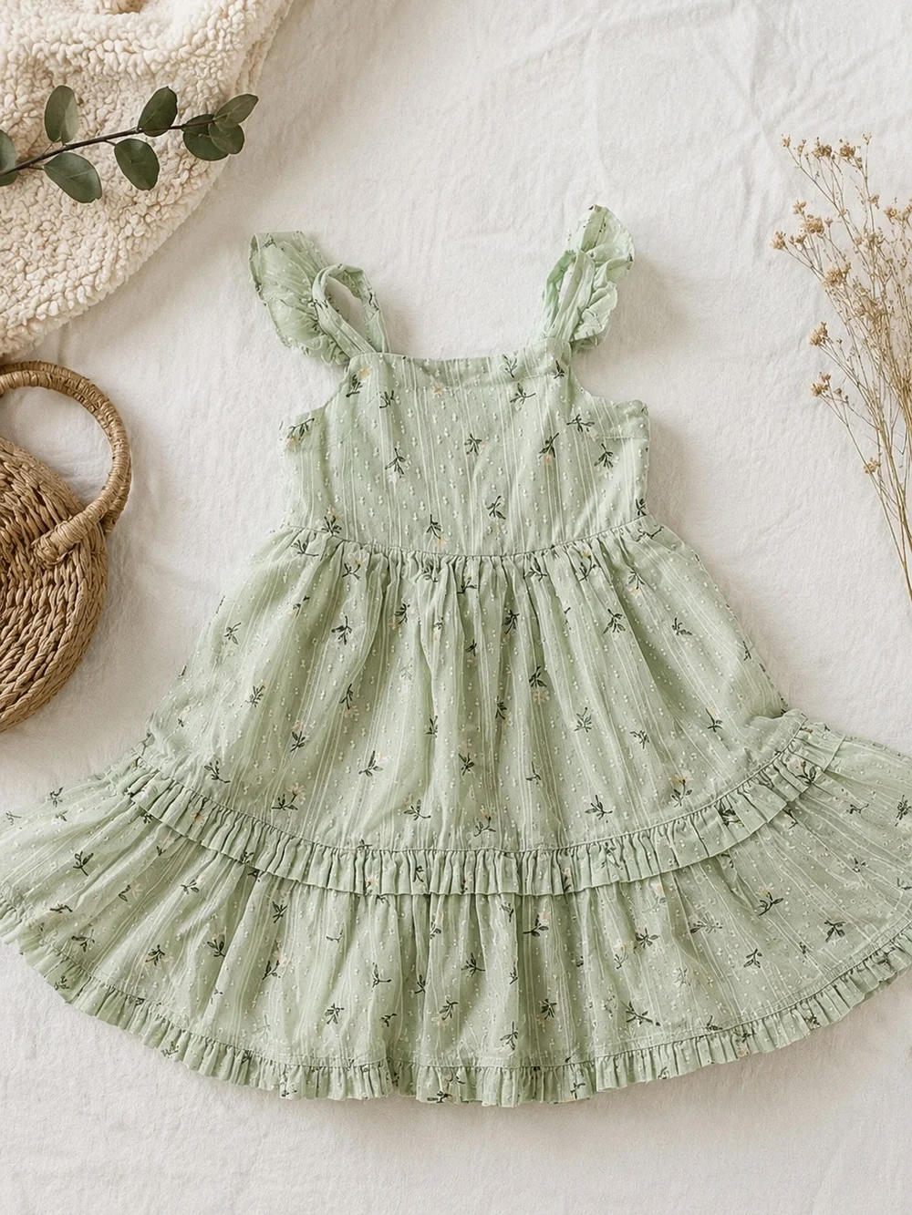 Tahari Light Sage Green Floral Ruffle Dress for Girls